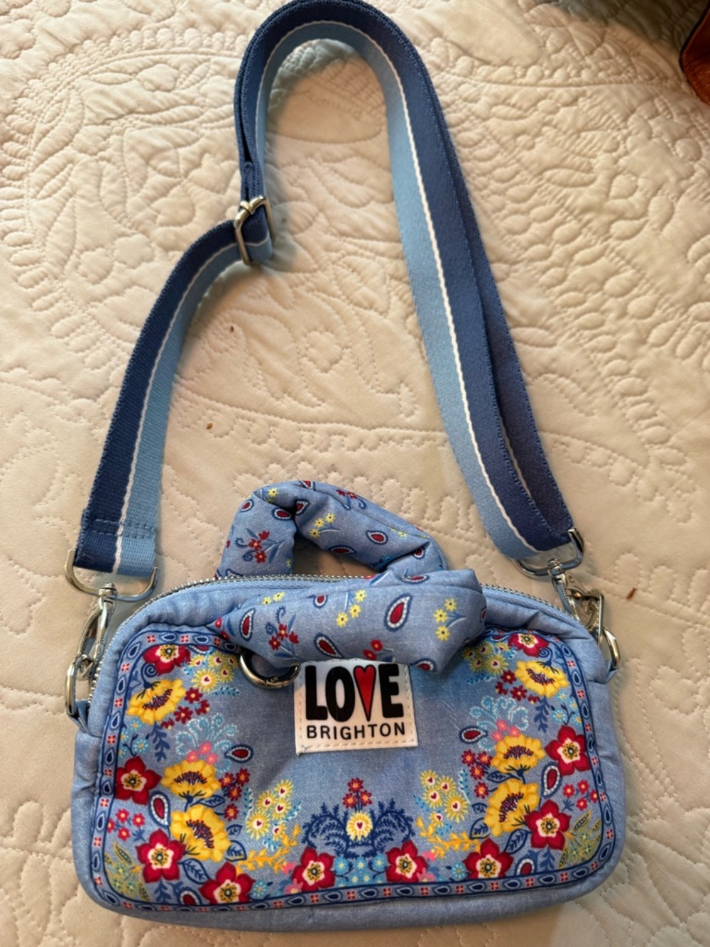 Brighton Love Embroidered Floral Denim Crossbody Bag Small
